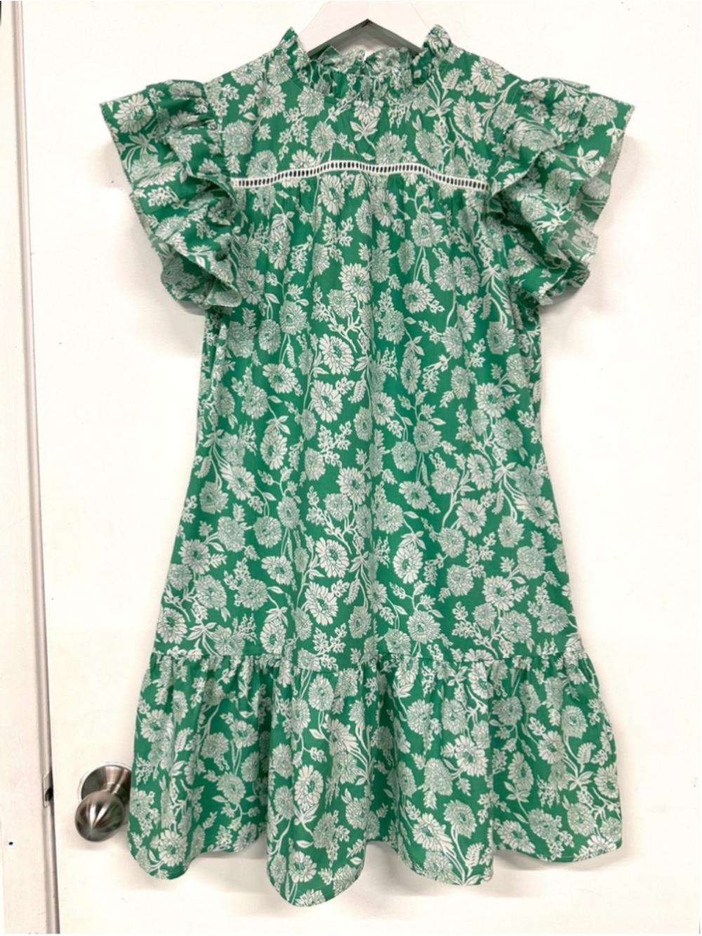 Pinch Green Floral Cotton Dress Medium Ruffle Sleeve Mock Neck Pockets